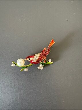 Red Enamel Bird Brooch with Pearl and Crystal Accents